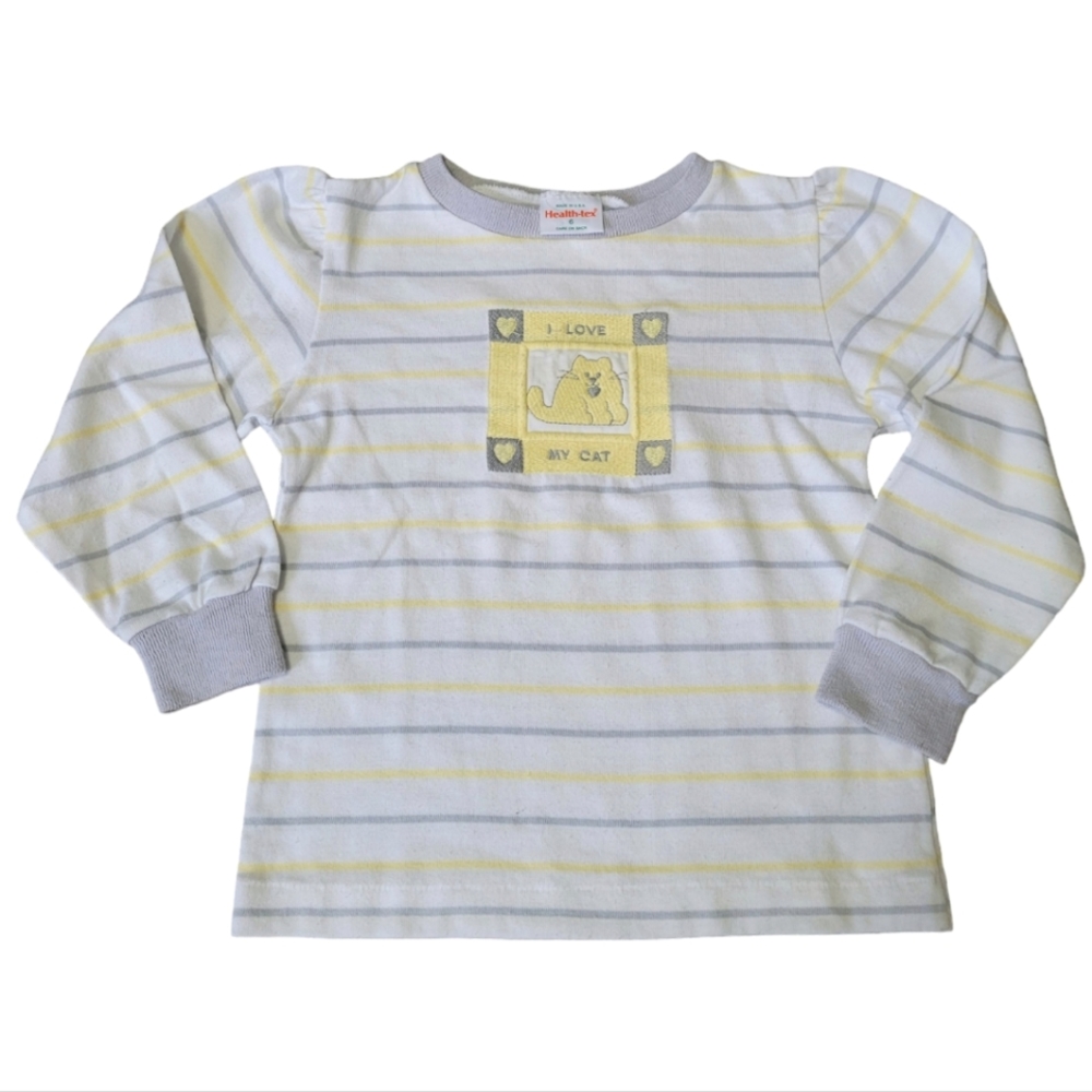 Vintage 1990s striped I Love My Cat long sleeved grey and yellow shirt
